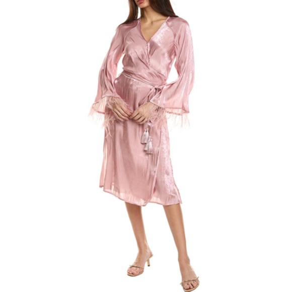 OPT MARDI WRAP V NECK FEATHER LONG SLEEVE MIDI DRESS MILKSHAKE PINK NWT SIZE S - Picture 1 of 10